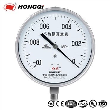 Tolok Tekanan Vakum Hongqi, Dail 200mm, Sambungan Bawah M20*1.5, Sarung Keluli Tahan Karat, -0.1-0 Skala